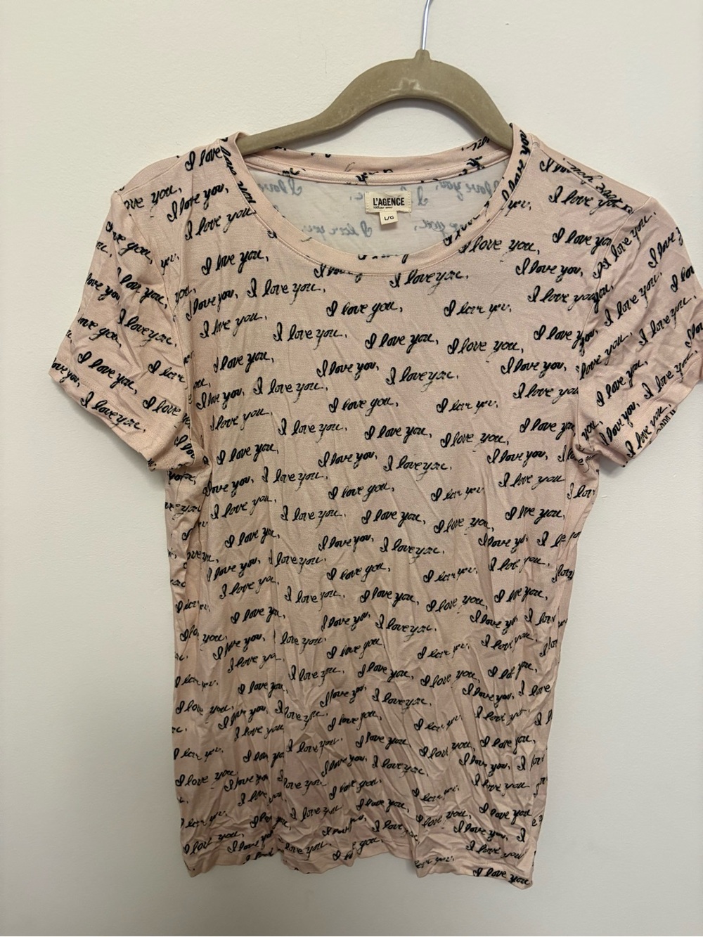 NWOT L'AGENCE “I love you,” Printed Stretch Pale Pink with Black Writing Size L